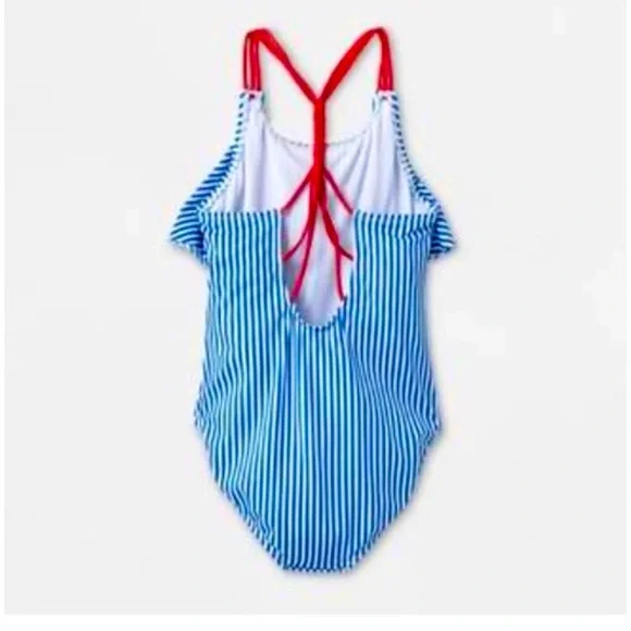 Girls Blue and White Striped Swimsuit - Picture 2 of 5